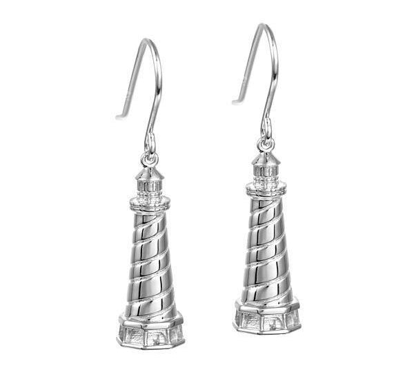 In this photo there is a pair of sterling silver lighthouse hook earrings.