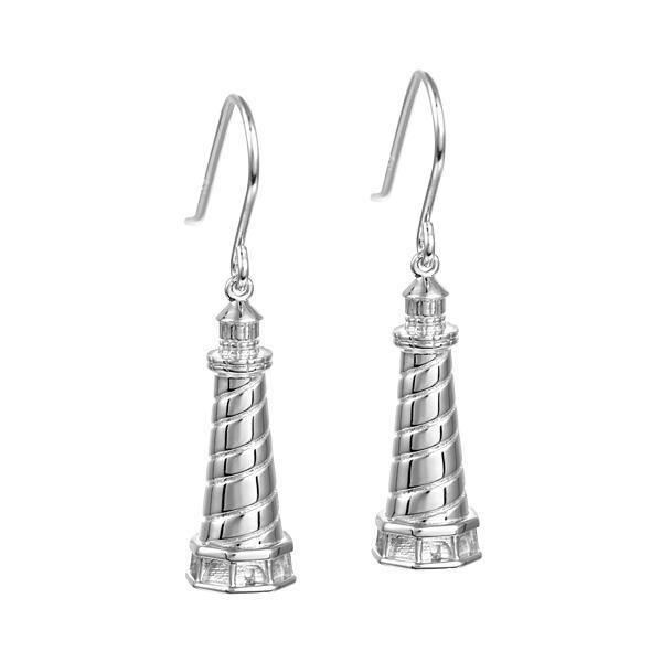 In this photo there is a pair of sterling silver lighthouse hook earrings.