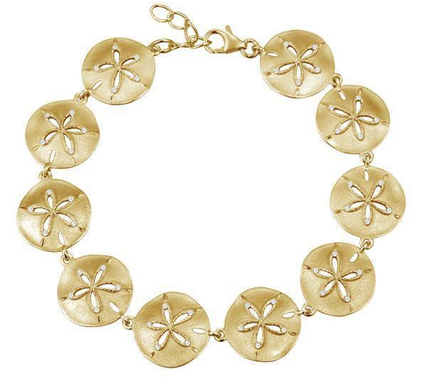 The picture shows a 925 sterling silver yellow gold-plated sand dollar bracelet with topaz