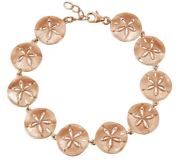 The picture shows a 925 sterling silver rose gold-plated sand dollar bracelet with topaz