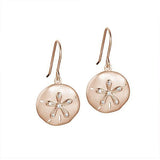 The picture shows a pair of rose gold sand dollar hook earrings with topaz.