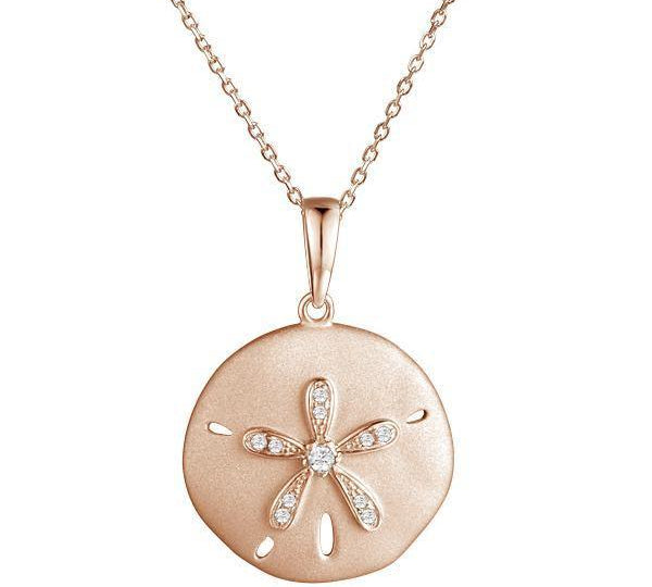 The picture shows a rose gold sand dollar pendant with topaz.
