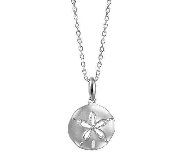 The picture shows a small 14K white gold sand dollar cut out pendant with diamonds.
