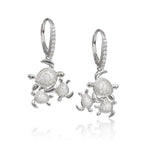 The picture shows a pair of 925 sterling silver three sea turtle earrings with topaz.