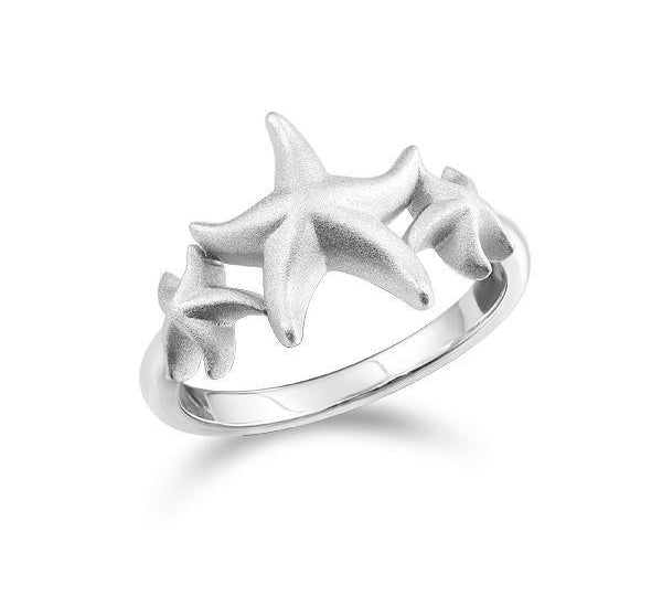 The picture shows a 925 sterling silver ring with three matte starfish