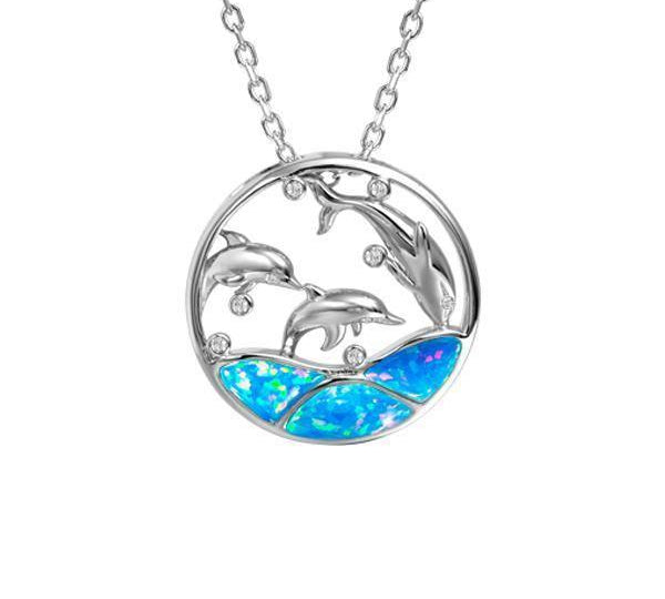 The picture shows a 925 sterling silver opalite three jumping dolphins pendant with topaz.
