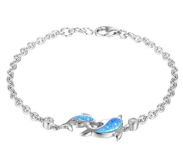The picture shows a 925 sterling silver opalite two dolphin lovers bracelet with cubic zirconia.