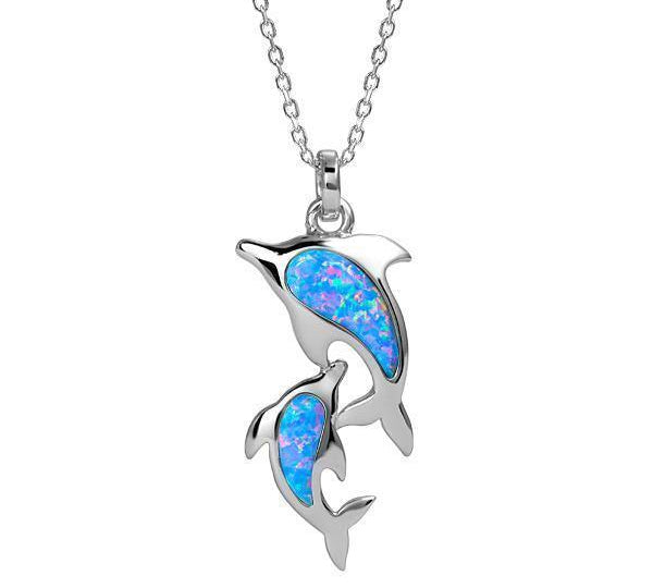 The picture shows a 925 sterling silver opalite two dolphin lovers pendant.