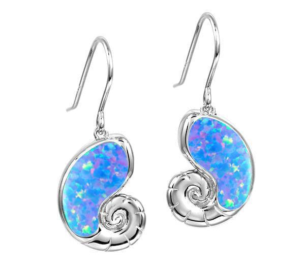 The picture shows a pair of a 925 sterling silver opalite nautilus shell hook earrings.