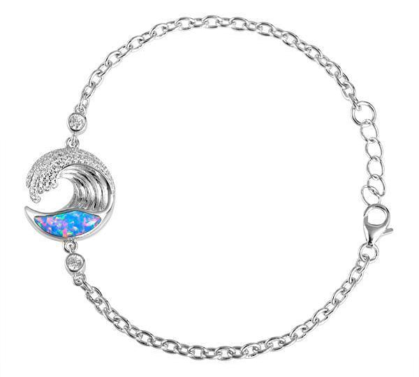 The picture shows a 925 sterling silver opalite ocean wave chain bracelet with cubic zirconia.