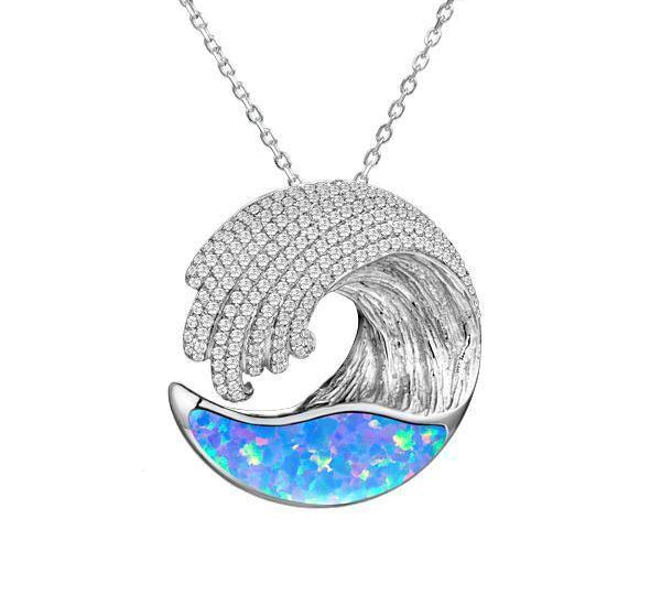 The picture shows a 925 sterling silver opalite ocean wave pendant with cubic zirconia.