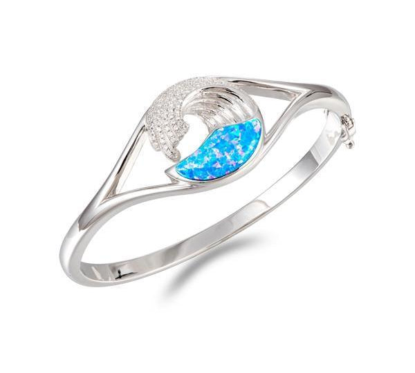 The picture shows a 925 sterling silver wave bangle with opalite and cubic zirconia.