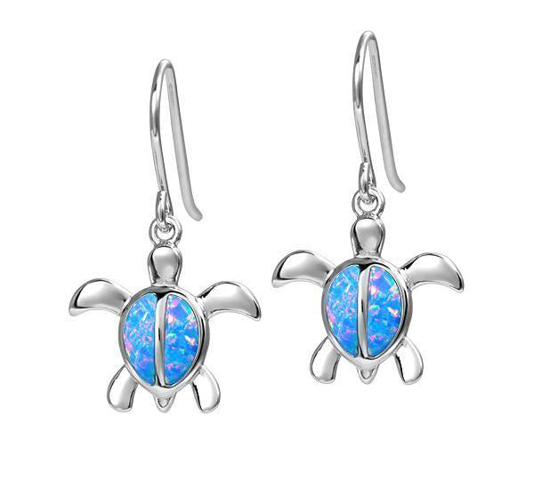 The picture shows a pair of 925 sterling silver opalite sea turtle hook earrings.