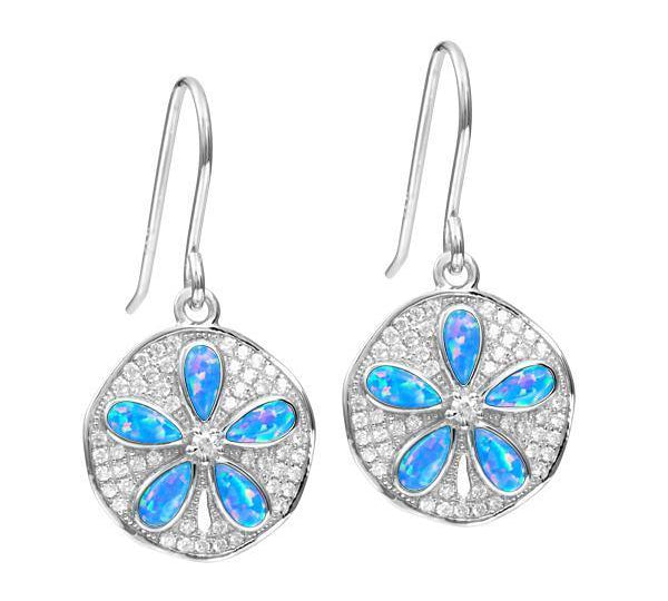 The picture shows a pair of 925 sterling silver opalite sand dollar earrings with cubic zirconia.