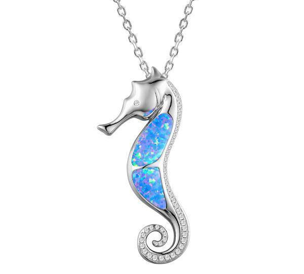 The picture shows a 925 sterling silver opalite seahorse pendant with topaz.