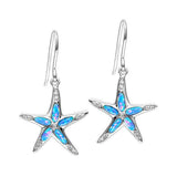 The picture shows a pair of 925 sterling silver opalite sea star earrings with topaz.