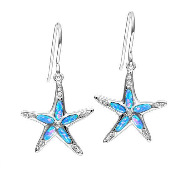 The picture shows a pair of 925 sterling silver opalite sea star earrings with topaz.