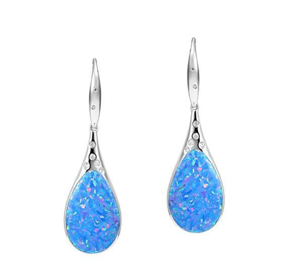 The picture shows a pair of 925 sterling silver opalite teardrop earrings with topaz.