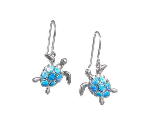 The picture shows a pair of 925 sterling silver opalite sea turtle earrings.