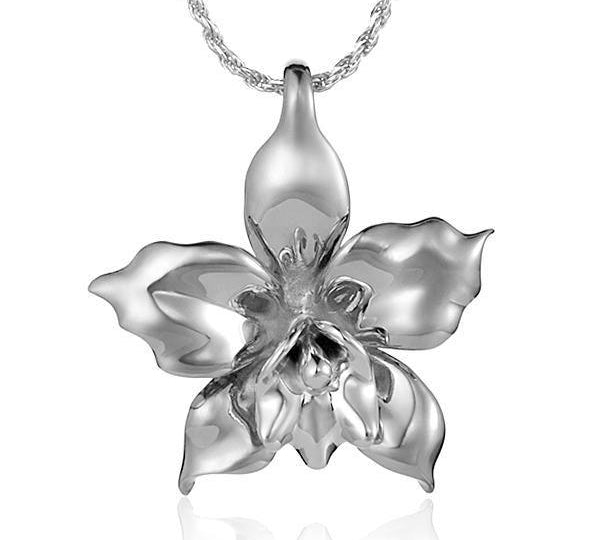 In this photo there is a sterling silver orchid pendant.