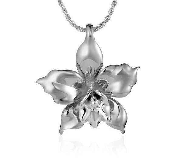 In this photo there is a white gold orchid flower pendant.