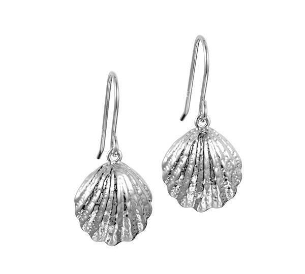 In this picture there is a pair of sterling silver oyster shell dangle earrings.