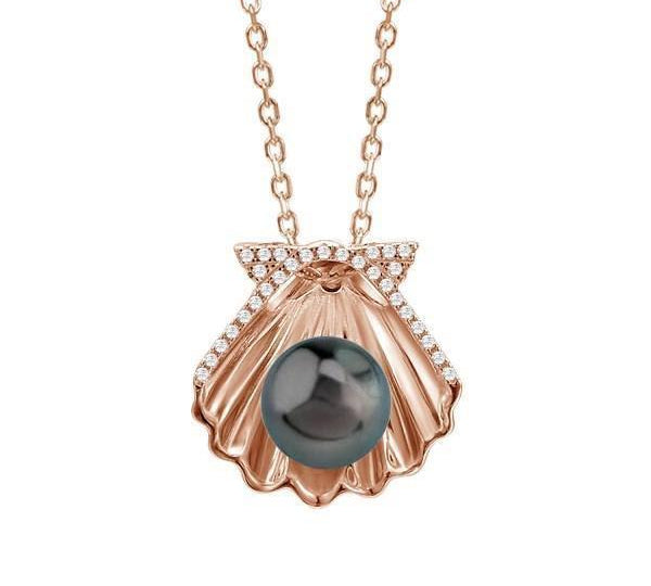 In this photo there is a rose gold oyster shell pendant with a dark pearl and diamonds.