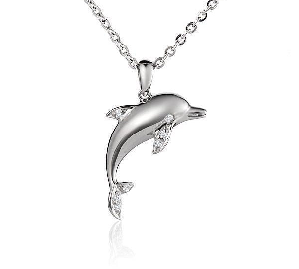 The picture shows a small 925 sterling silver dolphin pendant with cubic zirconia.