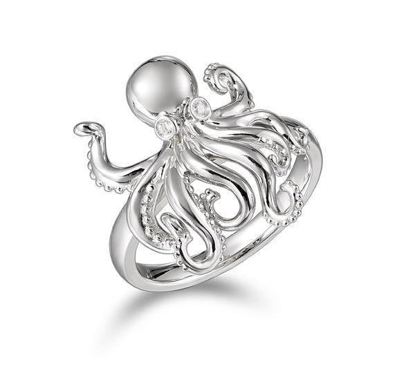 The picture shows a 925 sterling silver octopus ring with topaz eyes.