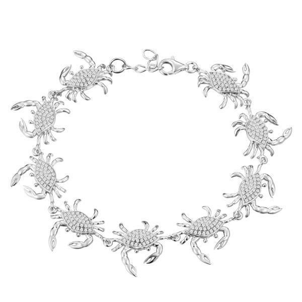 The picture shows a 925 sterling silver white gold plated blue crab bracelet with topaz.