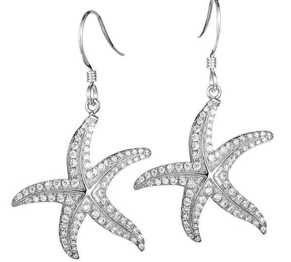 The picture shows a pair of 14K white gold pavé diamond starfish hook earrings.