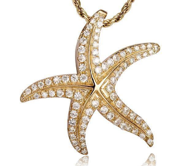 The picture shows a 14K yellow gold starfish pendant with diamonds.