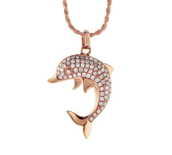 The picture shows a 14K rose gold dolphin pendant with diamonds.
