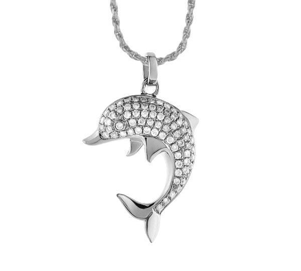 The picture shows a 14K white gold dolphin pendant with diamonds.