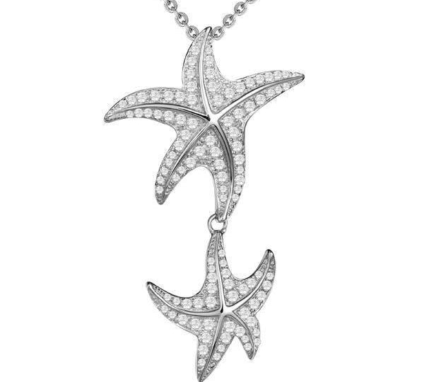 The picture shows a 14K white gold double starfish dangle pendant with diamonds.