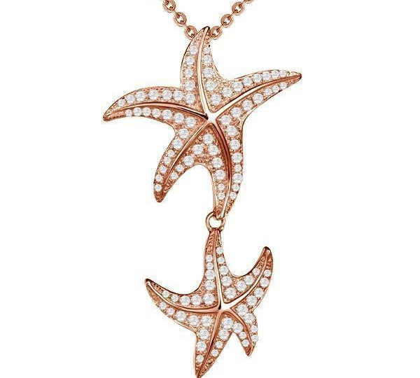 The picture shows a 14K rose gold double starfish dangle pendant with diamonds.