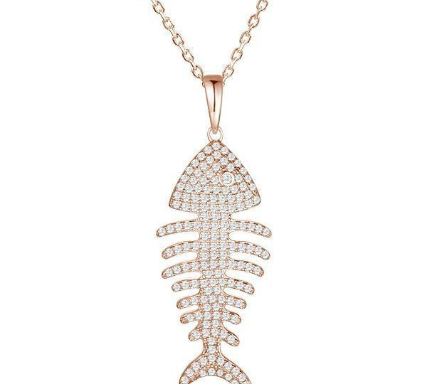 The picture shows a 925 sterling silver pavé rose gold vermeil fish bone pendant with topaz.