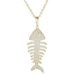 The picture shows a 925 sterling silver pavé yellow gold vermeil fish bone pendant with topaz.