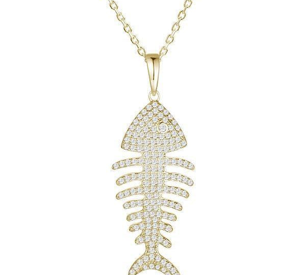 The picture shows a large 14K yellow gold fishbone pendant with diamonds