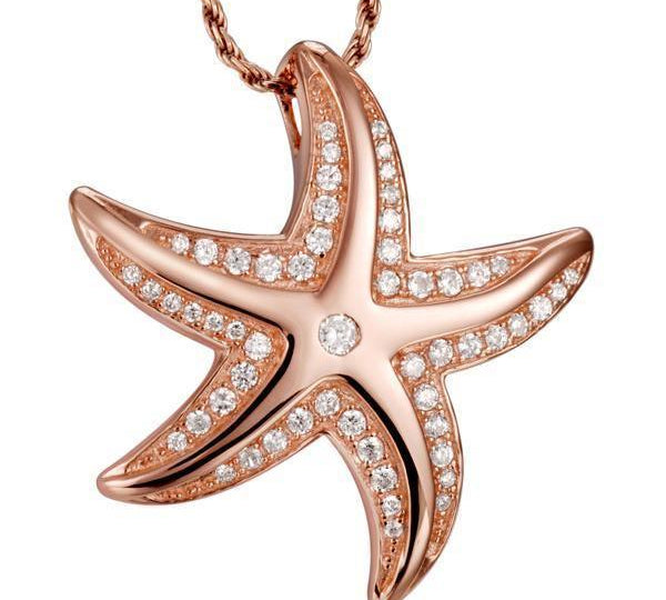 The picture shows a 14K rose gold starfish pendant with pavé diamonds.