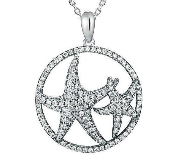 The picture shows a 925 sterling silver, white gold vermeil, double starfish circle pendant with topaz.