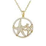 The picture shows a 925 sterling silver, yellow gold vermeil, double starfish circle pendant with topaz.