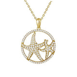 The picture shows a 925 sterling silver, yellow gold vermeil, double starfish circle pendant with topaz.