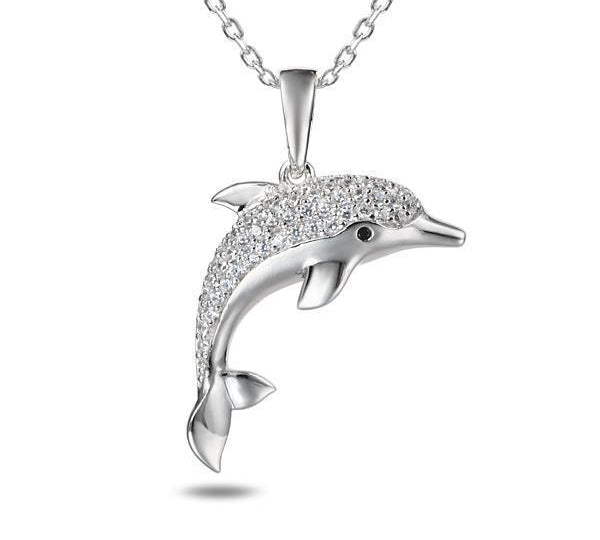 The picture shows a 925 sterling silver dolphin pendant with cubic zirconia.