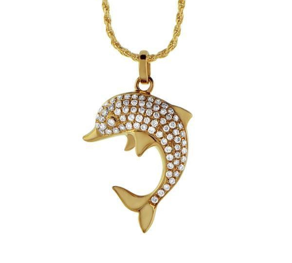 The picture shows a 925 sterling silver, yellow gold-vermeil, dolphin pendant with cubic zirconia.