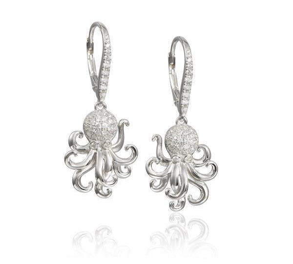 The picture shows a pair of 925 sterling silver octopus earrings with topaz.
