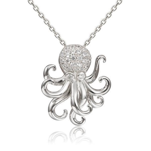 The picture shows a 925 sterling silver pavé octopus pendant with topaz.