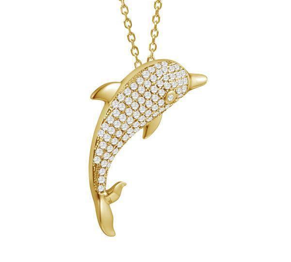The picture shows a 925 sterling silver, yellow gold-vermeil, dolphin pendant with topaz.