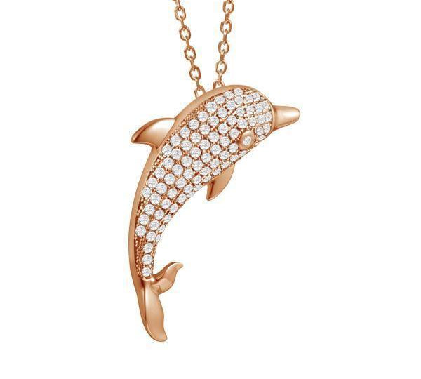 The picture shows a 925 sterling silver, rose gold-vermeil, dolphin pendant with topaz.