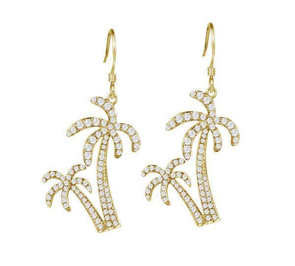 The picture shows a pair of 14K yellow gold pavé palm trees hook earrings with diamonds.